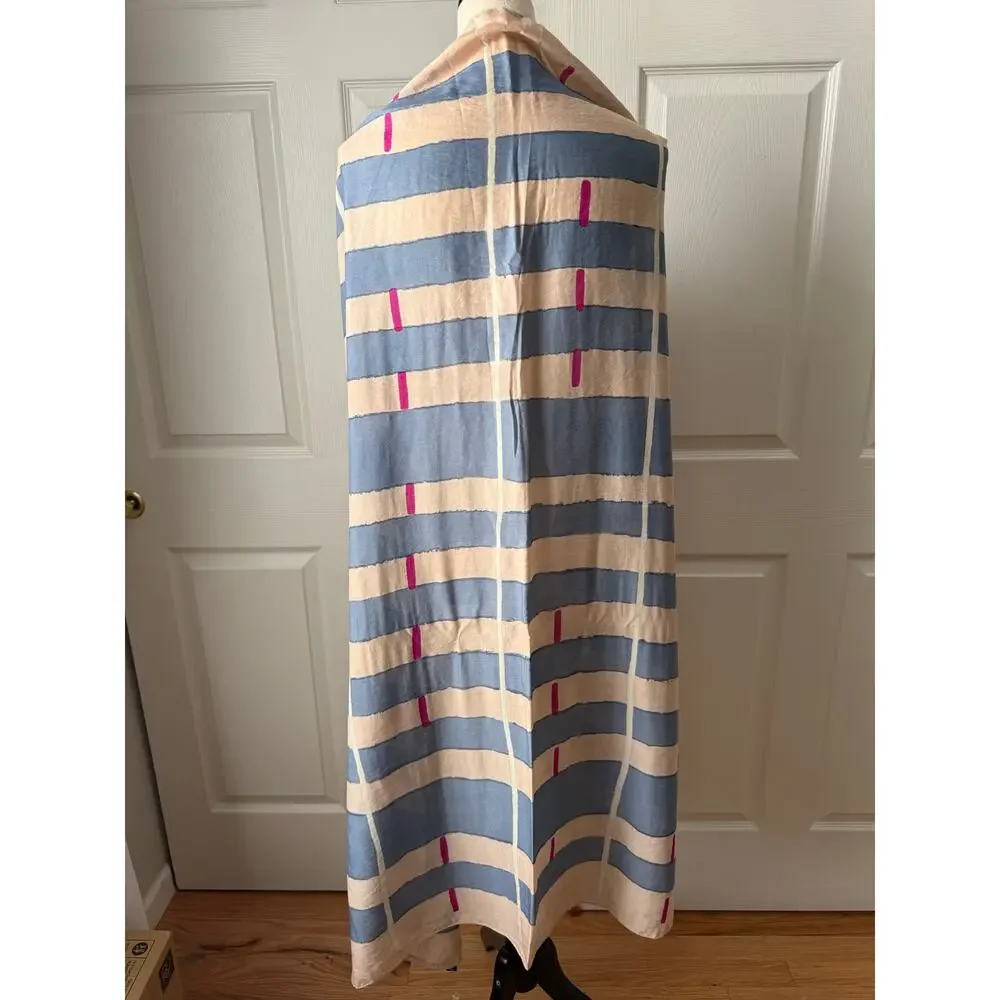 Gap NWT Tan Blue Geometric Scarf Wrap Pom Trim Cotton Blend Statement Festival